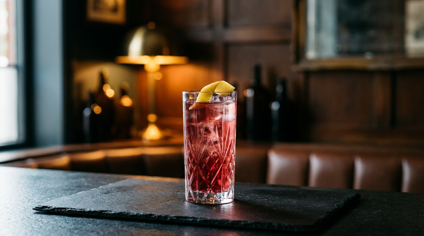 Grand verre de glace et de vin rouge allongé au tonic, robe rouge translucide, zeste de citron sur le bord, sur une ardoise noire mate