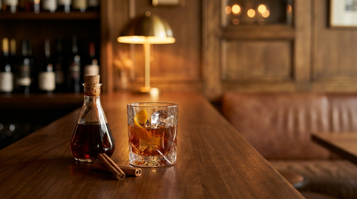 Sirop de cannelle en flacon et allongé dans un verre, bâtons de cannelle, comptoir de teck huilé