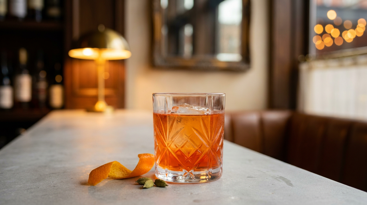 Cocktail cardamome orange dans un verre à fond épais, zeste d'orange et gousses de cardamome, comptoir de pierre claire