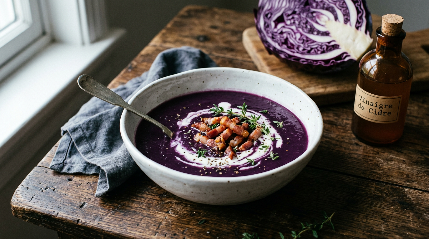 Soupe de chou rouge violet profond dans un bol en grès blanc moucheté, lardons fumés croustillants, spirale de crème et thym, demi chou rouge et flacon de vinaigre de cidre