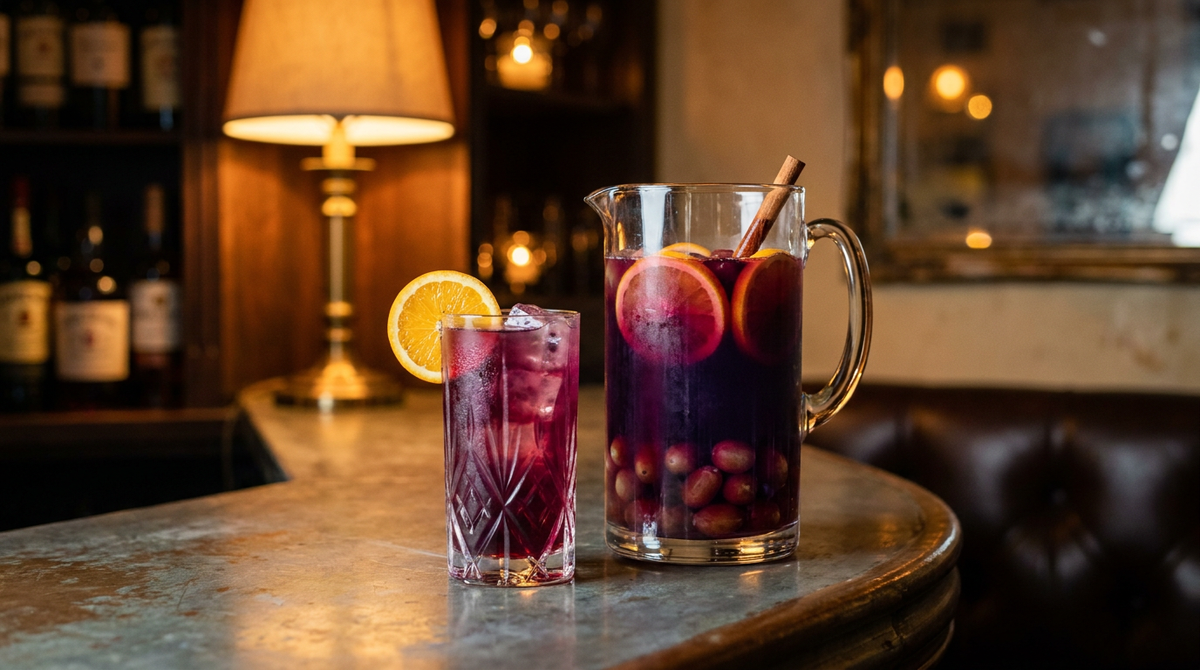 Pichet de sangria sans alcool aux agrumes et au raisin sur un comptoir de zinc