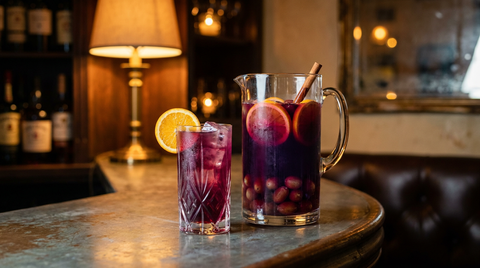 Pichet de sangria sans alcool aux agrumes et au raisin sur un comptoir de zinc