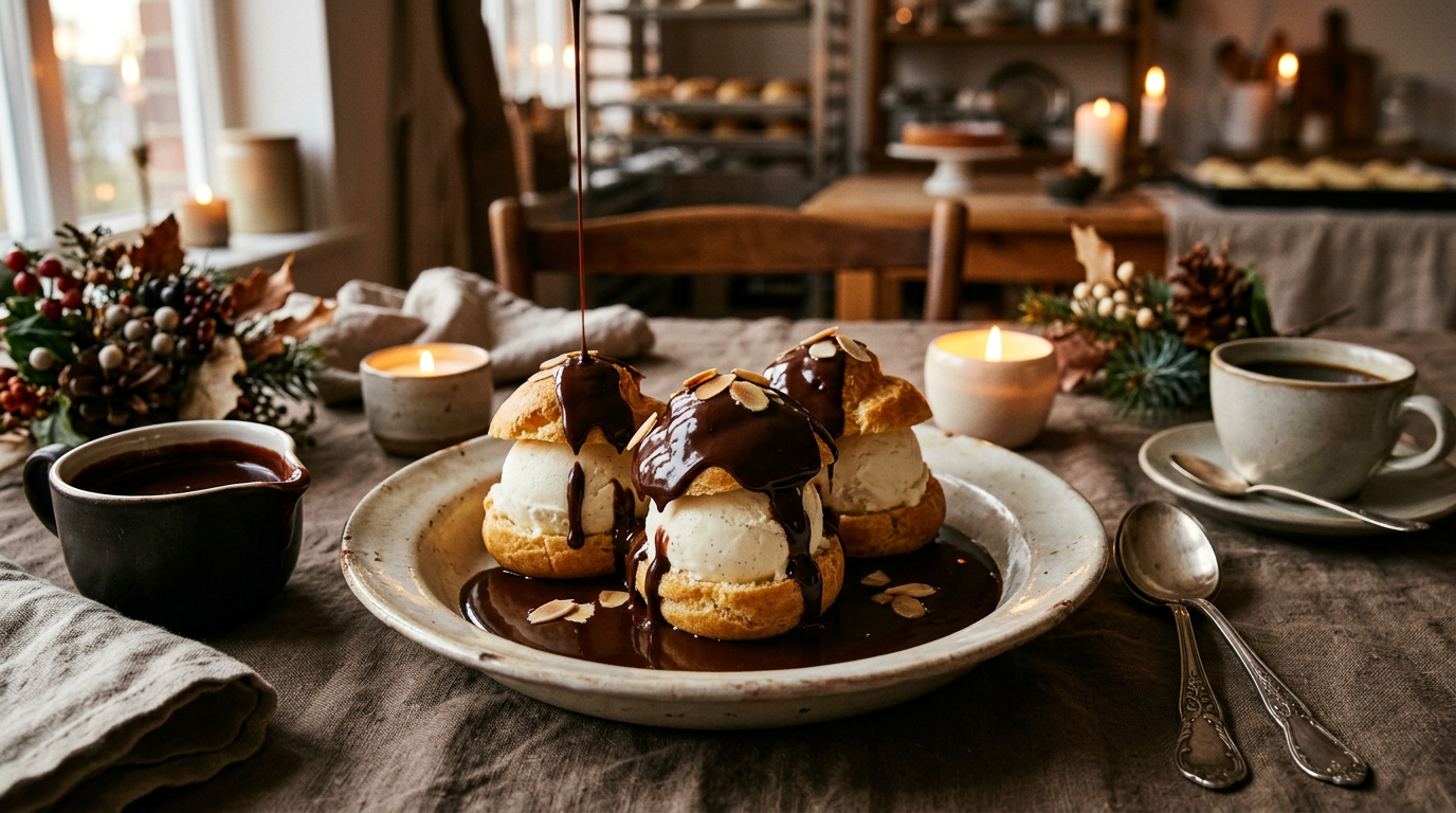 Trois profiteroles dans une assiette creuse : choux dorés garnis de glace vanille et napés d'une sauce au chocolat noir brillante, saucière versant un filet de chocolat chaud