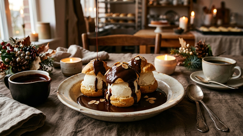 Trois profiteroles dans une assiette creuse : choux dorés garnis de glace vanille et napés d'une sauce au chocolat noir brillante, saucière versant un filet de chocolat chaud