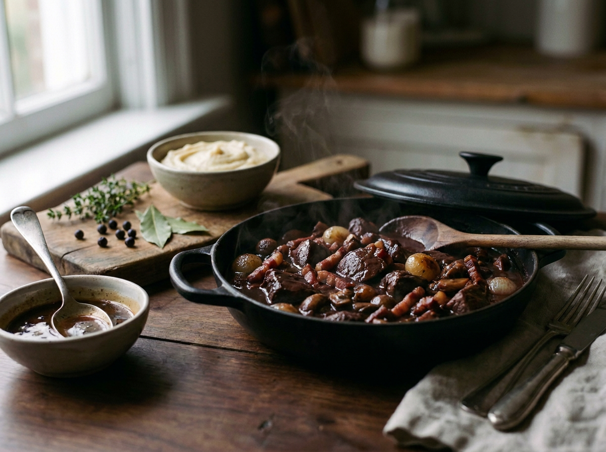 Civet de chevreuil mijoté dans une cocotte en fonte, sauce au vin rouge, lardons fumés, petits oignons et champignons, baies de genièvre et purée de céleri