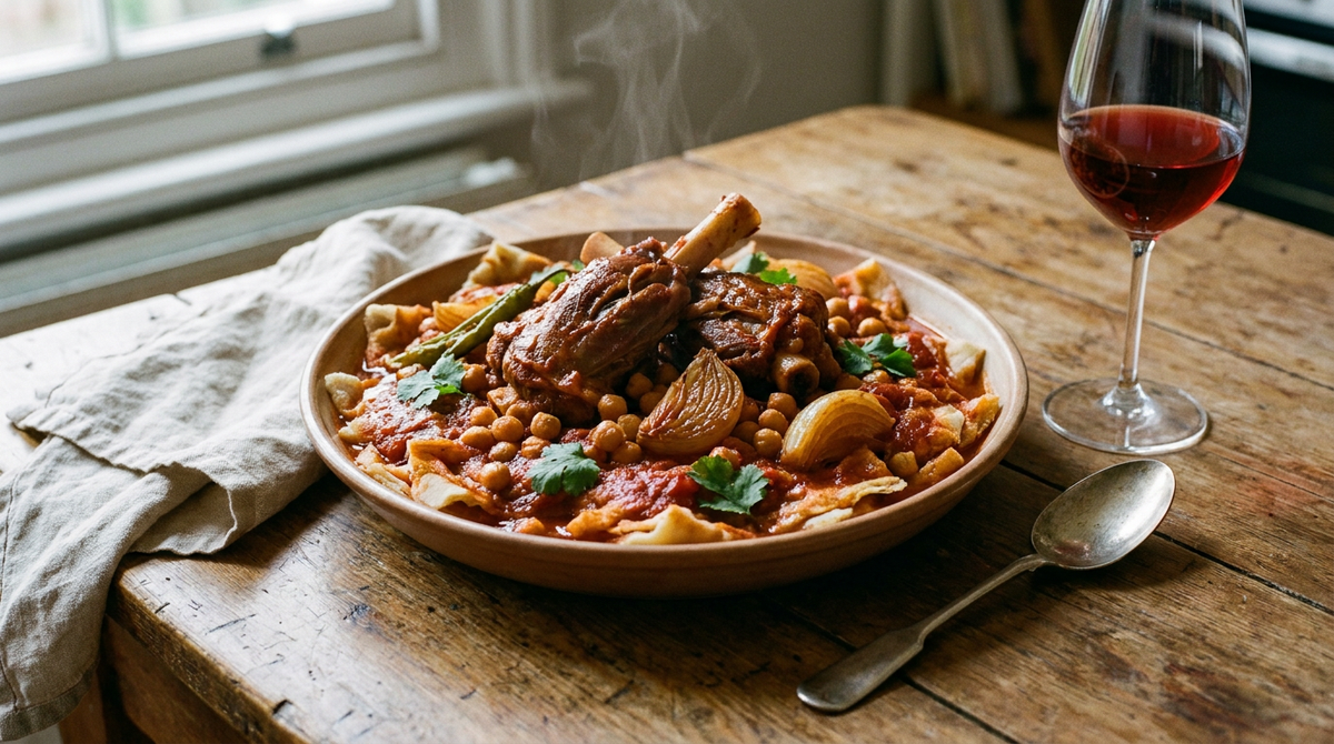 Plat en terre de chakhchoukha algérienne, morceaux de galette de semoule déchirés et imbibés de sauce rouge, souris d'agneau confite, pois chiches, oignons, coriandre, cuillère à plat, verre de vin rouge clair, table en bois