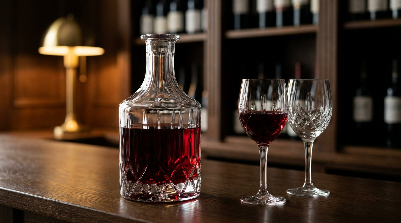 Grande carafe de cristal remplie de kir grenat et deux verres à pied, au bout d'un comptoir de caviste en chêne