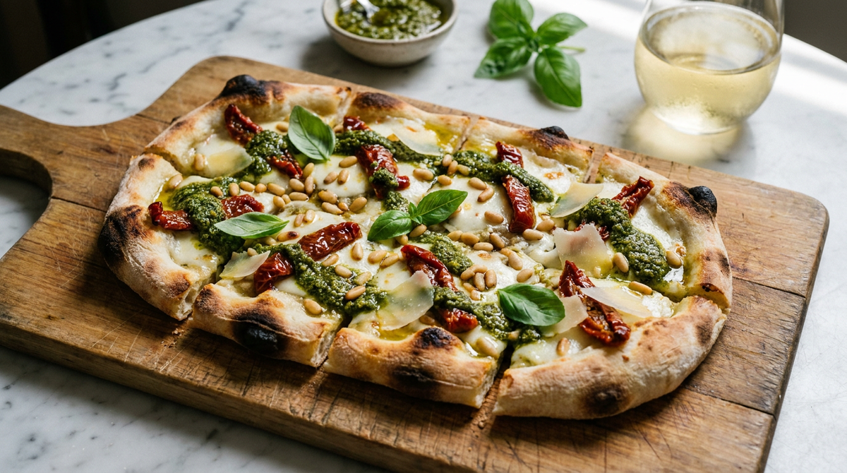 Pinsa au pesto ovale sur une planche en bois, blanche, pesto vert nappé après cuisson, tomates séchées, pignons grillés, copeaux de parmesan, basilic frais, bords soufflés et tachés, table de bistrot, lumière d'été