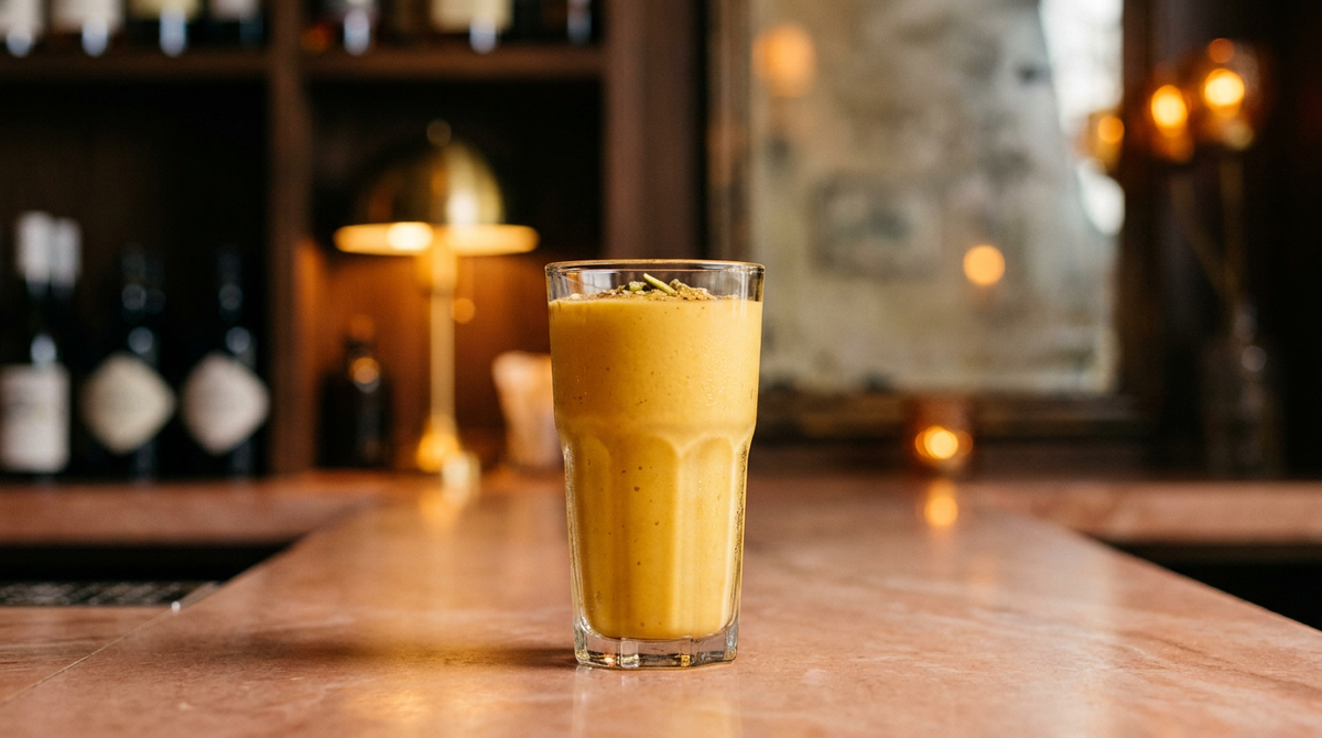 Lassi à la mangue jaune orangé et épais dans un grand verre, cardamome et éclats de pistache, comptoir de grès rose