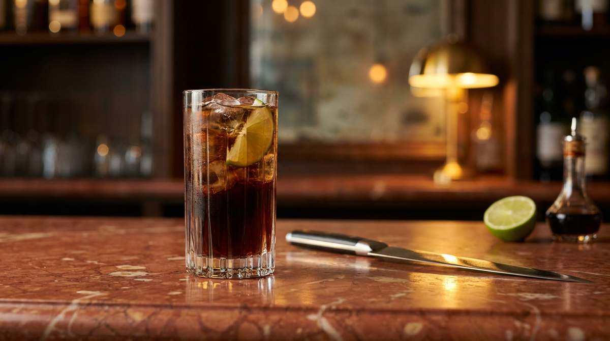 Batanga dans un verre haut au bord salé, cola sombre sur glace, quartier de citron vert et long couteau posé à côté, comptoir de marbre Rosso Verona