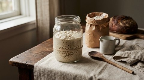 Levain naturel dans un bocal en verre sur une table en bois, pâte pâle bien montée et criblée de bulles, élastique repère sur le verre, sac de farine et pain de campagne au fond