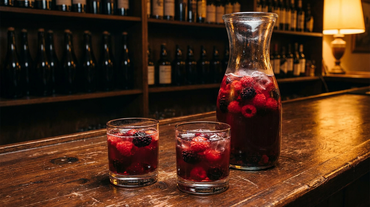 Grande carafe de verre remplie d'un punch rouge profond avec framboises et mûres en suspension, deux verres bas remplis devant, comptoir de bois ciré sombre