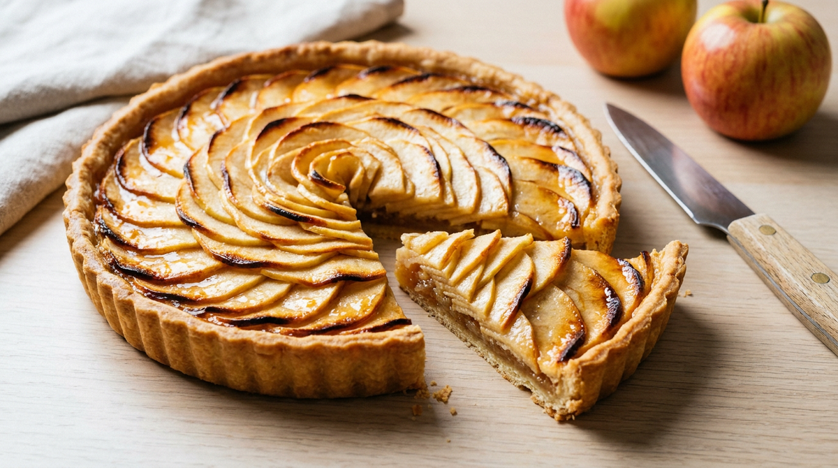 Tarte aux pommes avec une part coupée, lamelles en rosace caramélisées sur les bords, pâte brisée dorée et couche de compote