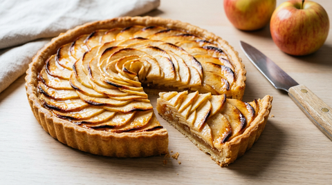 Tarte aux pommes avec une part coupée, lamelles en rosace caramélisées sur les bords, pâte brisée dorée et couche de compote