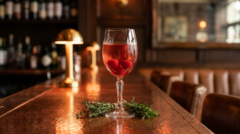 Kir à la framboise dans un verre à pied en cristal, robe rouge translucide, framboises au fond, comptoir en cuivre martelé