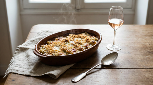 Gratin de cardons à la provençale en plat de terre, verre de rosé