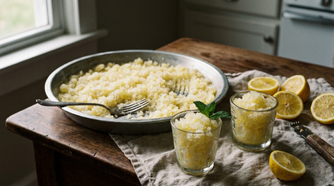 Granité au citron dans un plat en métal, cristaux de glace grossiers et scintillants grattés à la fourchette, deux verres remplis de paillettes jaunes avec une feuille de menthe, citrons coupés