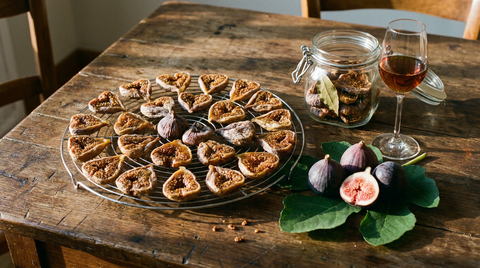 Figues séchées ouvertes en éventail sur une grille, chair ambrée et granuleuse pleine de graines, peau ridée et souple, quelques figues fraîches violettes à côté, feuilles de figuier, verre de vin doux ambré, table de bois