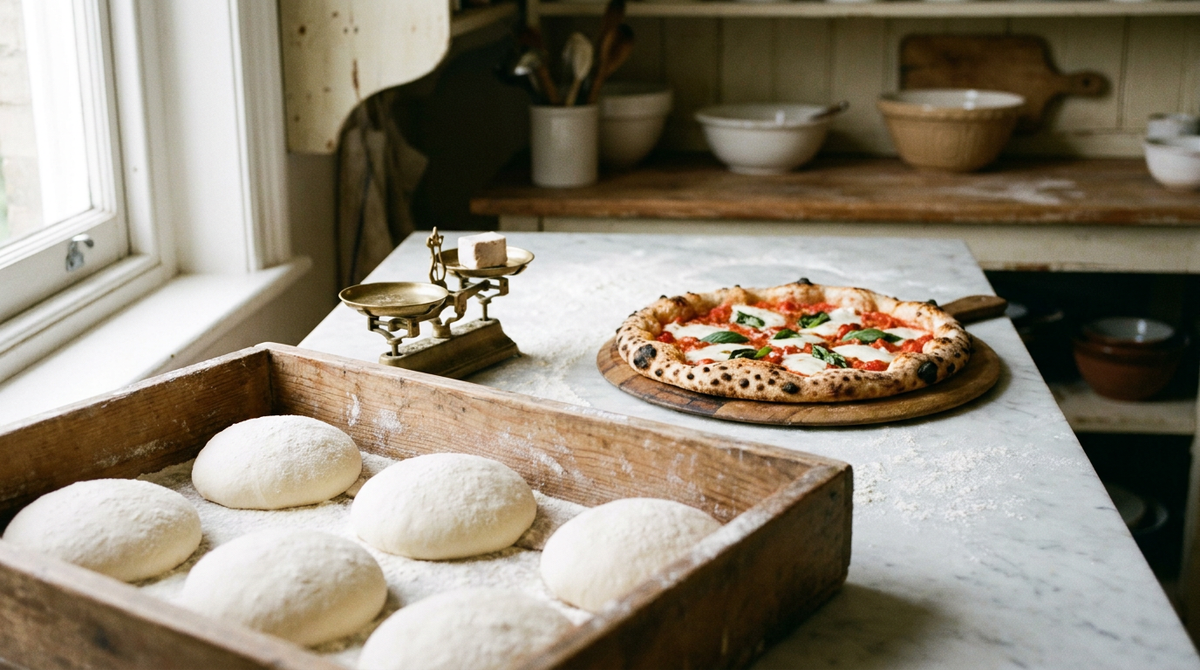 Pâtons de pâte à pizza napolitaine ronds et lisses dans une boîte en bois farinée, une pizza margherita au bord gonflé et tacheté de noir derrière, plan de travail en marbre fariné, cuisine napolitaine, lumière de matin