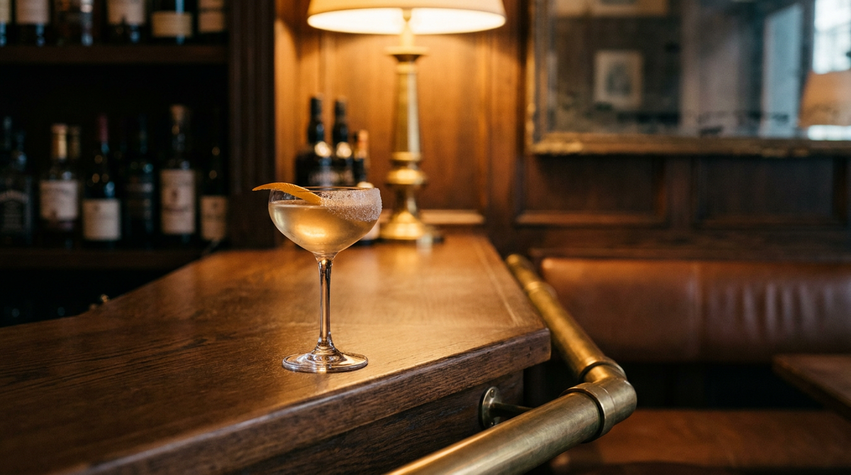 Sidecar sans alcool ambré clair dans une coupe à demi-bord sucré, zeste d'orange, comptoir de bar en chêne