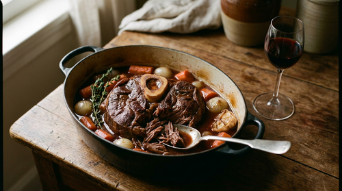 Jarret de bœuf fondant : la recette braisée au vin rouge, 3 h 30 au four, viande qui se défait