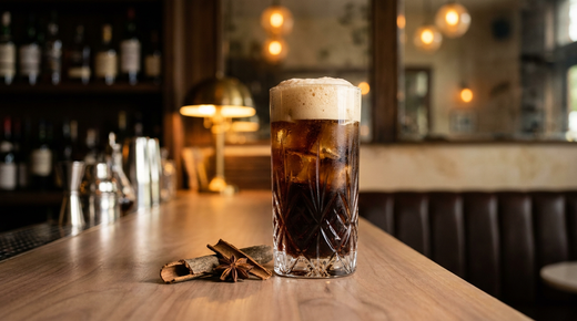Root beer brun foncé à la mousse épaisse dans un verre haut, bâton de cannelle et anis étoilé posés à côté, comptoir de noyer clair