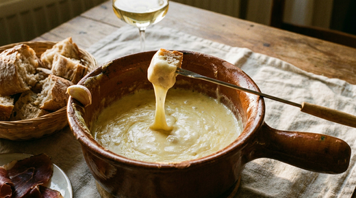 Caquelon en terre vernissée de fondue comtoise, comté fondu jaune pâle, brillant et lisse, fourchette à fondue avec un cube de pain qui étire un long fil de fromage, panier de pain de campagne, jambon fumé, verre de vin blanc, table en bois