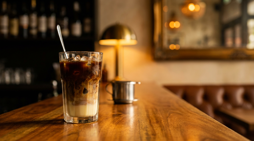 Cà phê sữa đá, café sombre sur lait concentré pâle dans un grand verre, glaçons et cuillère, comptoir de manguier