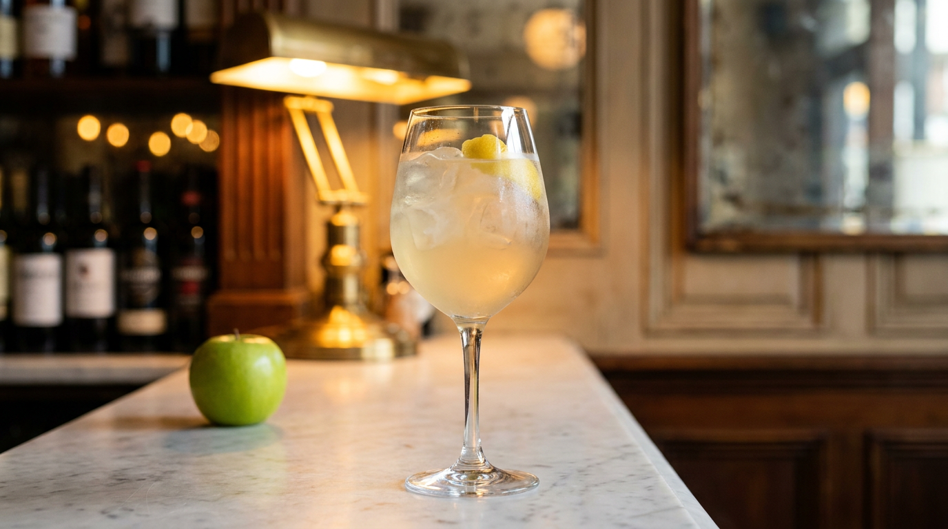 Grand verre à vin de blanc et jus de pomme doré sur glace, zeste de citron sur le bord et pomme verte posée, sur un comptoir de marbre veiné