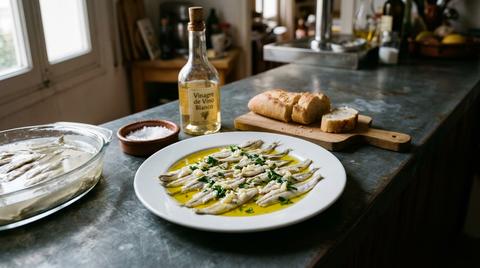 Filets de boquerones blancs et opaques alignés sur une assiette blanche, brillants d'huile d'olive, ail et persil hachés dessus, plat de filets marinant dans un vinaigre blanc trouble, bol de gros sel et bouteille de vinaigre