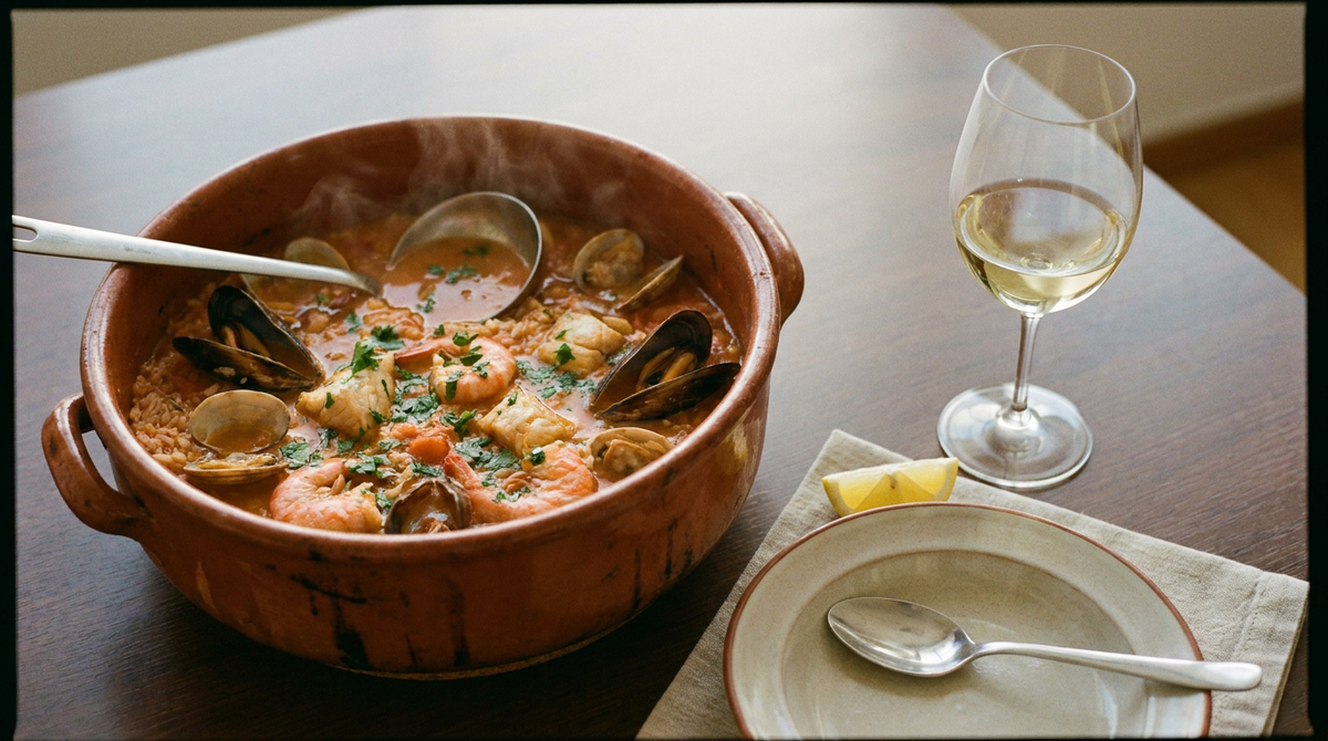 Marmite en terre d'arroz de marisco, riz soupeux à la tomate avec moules, palourdes, crevettes et poisson, coriandre, assiette creuse et cuillère, verre de vin blanc