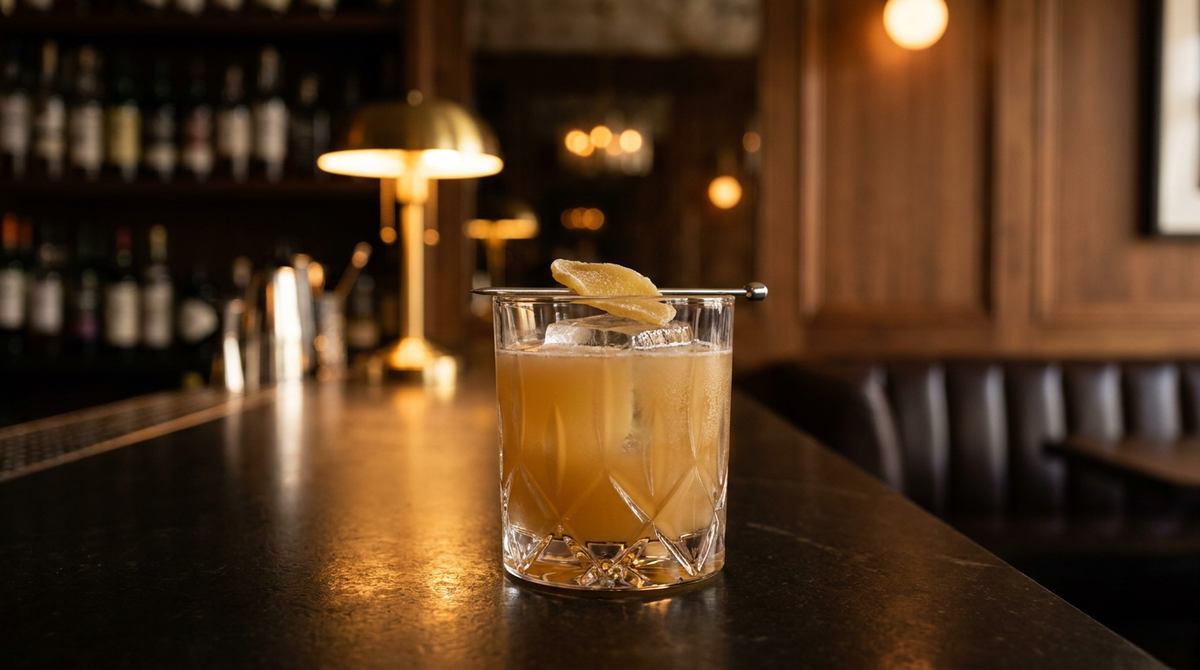 Mezcal Penicillin ambré et trouble sur un gros glaçon, gingembre confit sur pique, comptoir de basalte