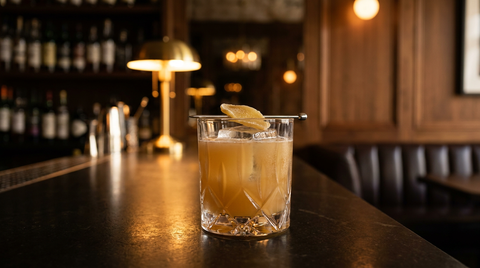 Mezcal Penicillin ambré et trouble sur un gros glaçon, gingembre confit sur pique, comptoir de basalte