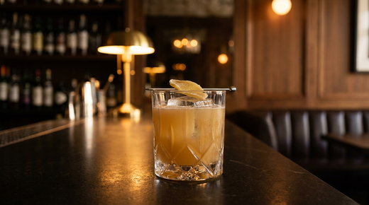 Mezcal Penicillin ambré et trouble sur un gros glaçon, gingembre confit sur pique, comptoir de basalte