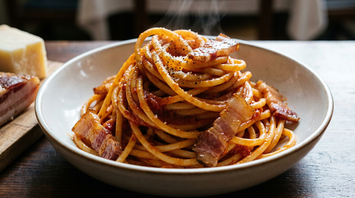 Amatriciana : la graisse du guanciale est la seule matière grasse, on n'ajoute jamais d'huile