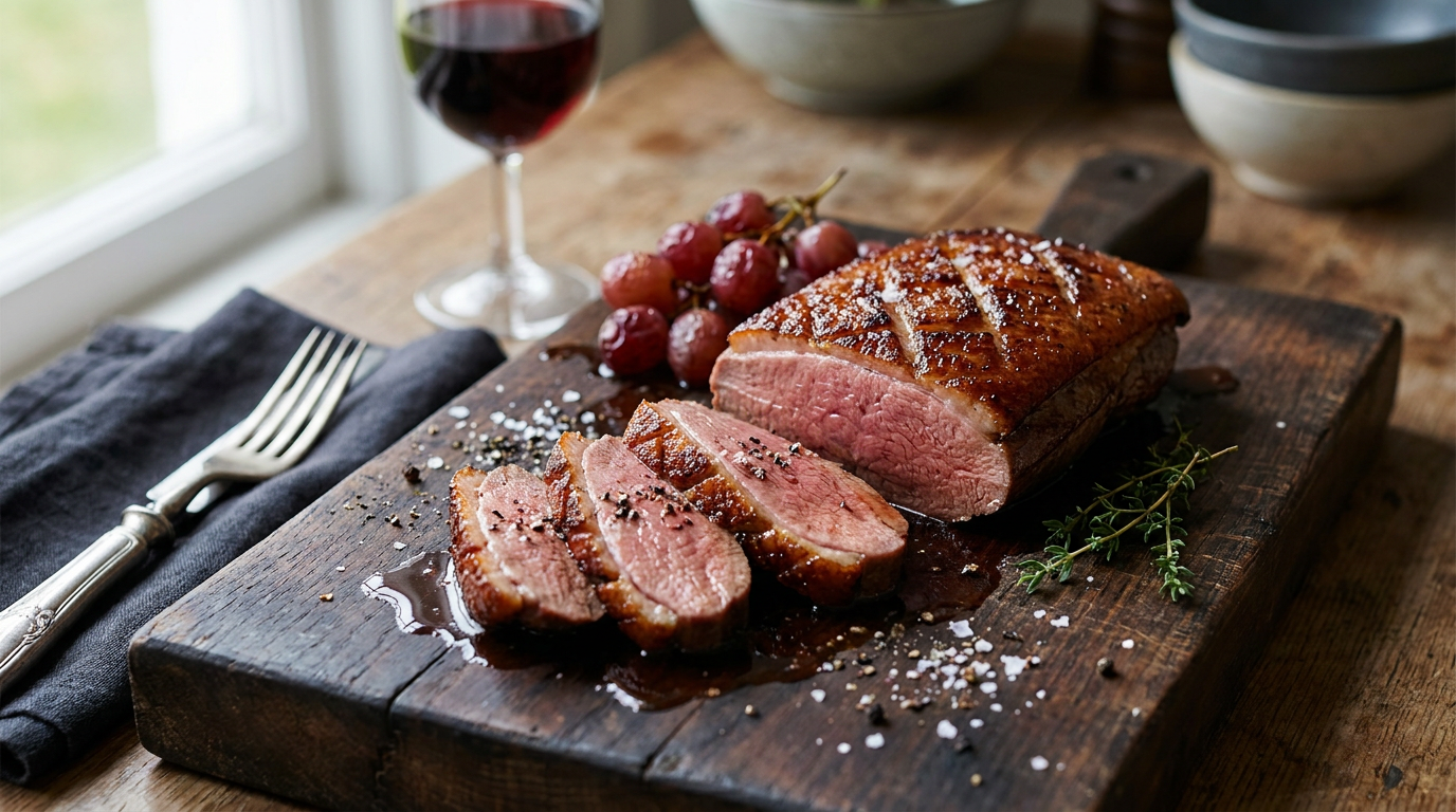 Magret de canard tranché rosé, peau croustillante quadrillée, sur une planche en bois