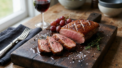 Magret de canard tranché rosé, peau croustillante quadrillée, sur une planche en bois