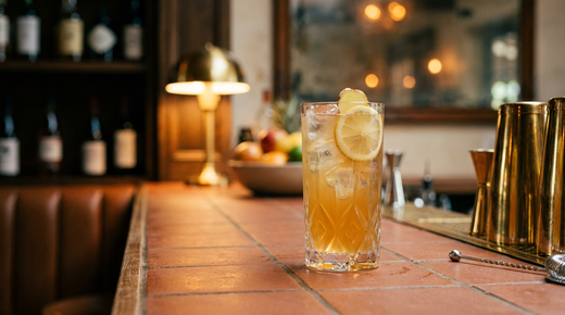 Kombucha tonic ambré légèrement trouble dans un grand verre sur glace, rondelle de citron et gingembre, comptoir en tomettes
