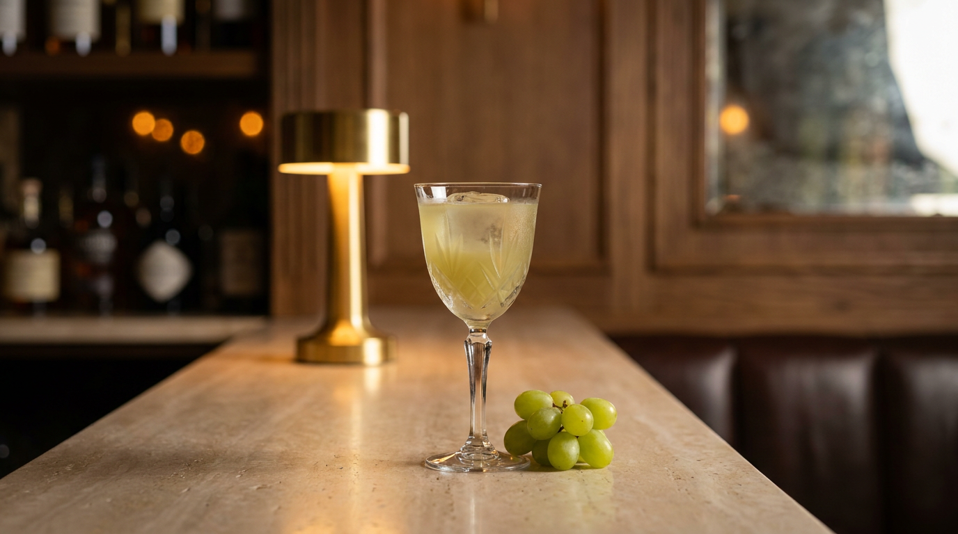 Verre à pied d'une boisson au raisin et au verjus jaune-vert trouble, petite grappe de raisin blanc posée à côté, sur un comptoir de travertin clair