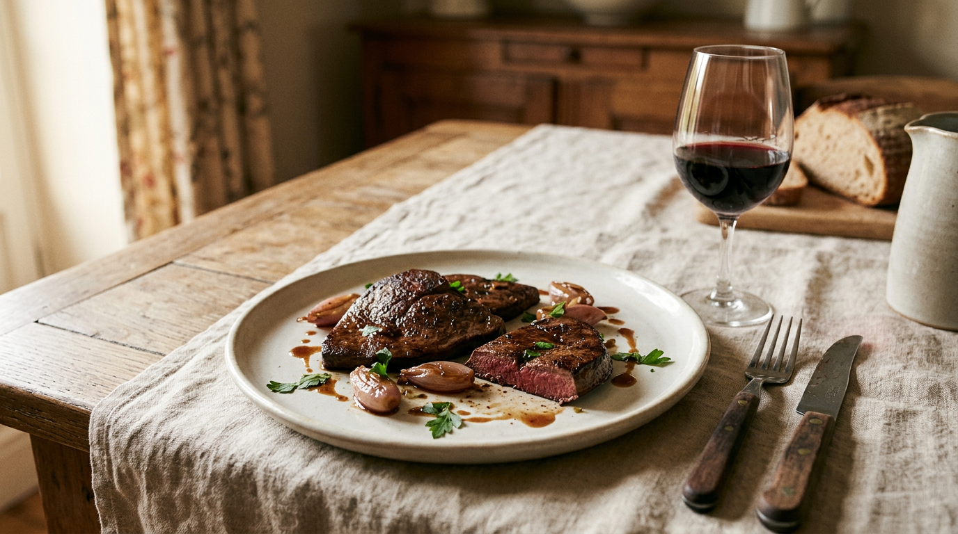 Larges tranches plates de foie de veau poêlées, croûte acajou et cœur rosé sombre, avec échalotes confites et un verre de vin rouge, sur une table de ferme