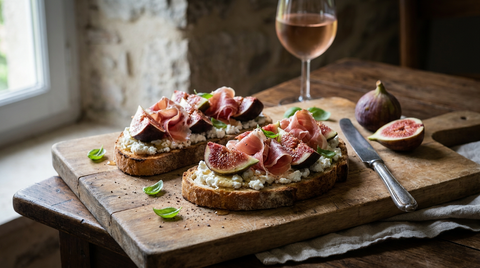 Deux tranches de pain de campagne grillé sur une table en bois brut, tartinées de fromage de chèvre frais, quartiers de figues violettes à chair rose vif, tranches froissées de jambon cru posées dessus, filet de miel, feuilles de basilic