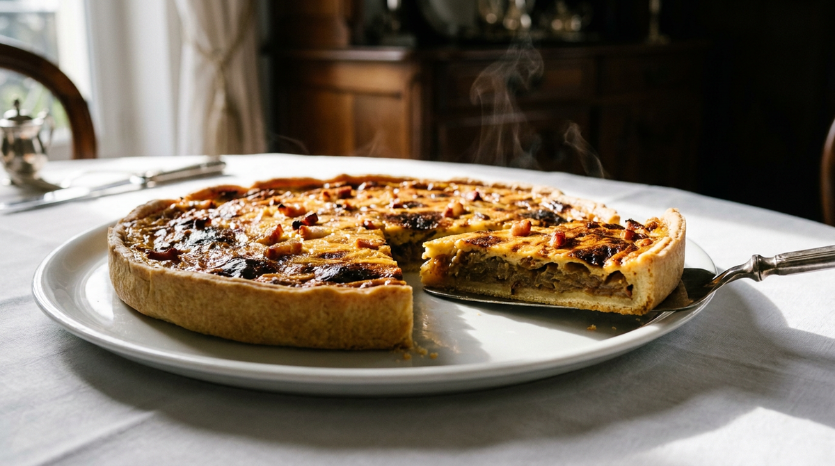 Tarte à l'oignon alsacienne large et plate, dessus doré et parsemé de lardons, une part coupée montrant une fine couche d'oignons fondus sur une pâte croustillante