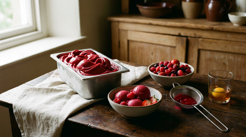 Sorbet aux fruits rouges dans un bac métal, masse cramoisie brillante en boules bien formées, bol de fruits frais, passoire avec purée, œuf entier flottant dans un verre de sirop