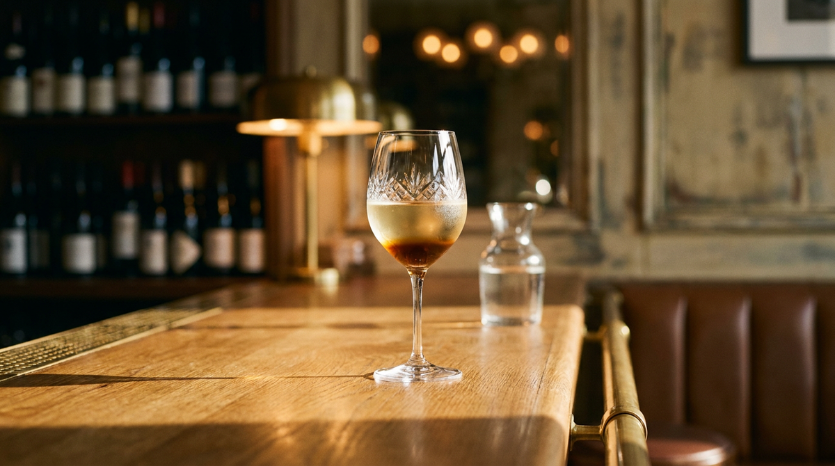 Verre à vin de blanc sec avec un fond d'amer à l'orange brun ambré en dégradé, carafe d'eau derrière, sur un comptoir de chêne à repose-pieds laiton