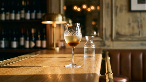 Verre à vin de blanc sec avec un fond d'amer à l'orange brun ambré en dégradé, carafe d'eau derrière, sur un comptoir de chêne à repose-pieds laiton