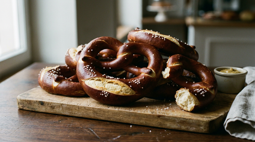 Bretzels alsaciens à la croûte brun acajou brillante, gros sel, l'un rompu montrant une mie dense