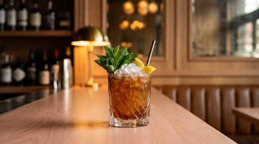 Brandy Smash ambré sur glace pilée avec un bouquet de menthe fraîche et un zeste de citron, paille, comptoir de hêtre étuvé
