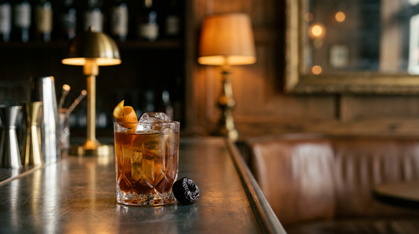 Verre bas rempli de glace et d'une boisson au pruneau et à l'orange brun ambré, zeste d'orange sur le bord et pruneau posé, sur un comptoir d'étain bruni