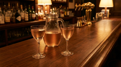 Deux verres identiques remplis d'un cocktail rose pâle, l'un avec des bulles fines, l'autre sans, pichet de verre derrière, comptoir de bois ciré sombre, lumière chaude douce