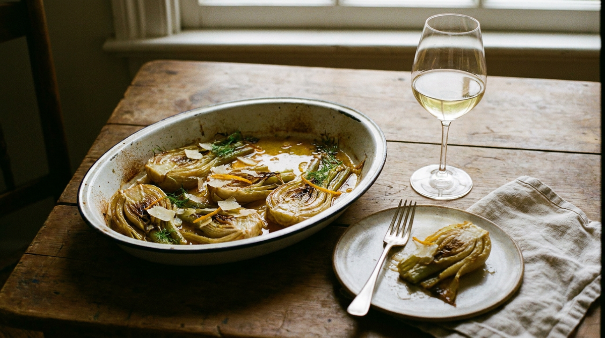 Fenouils braisés fondants et caramélisés dans un plat en émail, zestes d'orange et copeaux de parmesan, une part servie, table de bois, verre de vin blanc